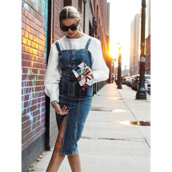 Zara Blue Denim Zip Pinafore Dungaree Midi Dress Size: S